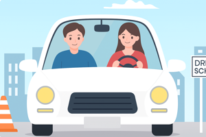 Istruttrice di guida con due allievi nella Seat Ibiza bianca della Scuola Guida Keller a Locarno